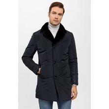 Deriderim Lacivert Kumaş Hugo Yakası Kürk Erkek Kaban