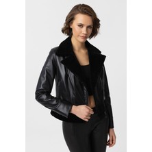 Siyah Wendy Yandan Fermuarlı Kürk Garnili  Biker Kadın Kısa Hakiki Deri Ceket