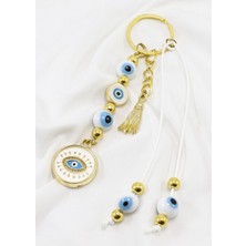 Beyaz Renk, Salkım Nazar Boncuklu Göz Figürü Anahtarlık, Hediyelik Çanta Süsü