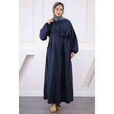 Lacivert Cepli Çiçek Nakışlı Elbise