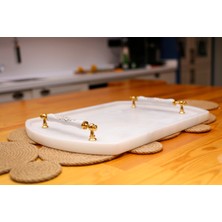Regalia 40CM Beyaz Mermer Tepsi - Lüks Kulplu Mermer Sunum Tepsisi - Çay Kahve Ikramlığı - Lüks Beyaz Mermer Büyük Tepsi