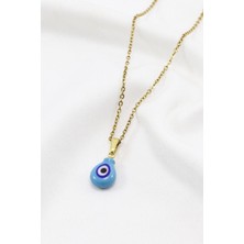 Minimal Mavi Cam Nazar Boncuklu Kolye, Hediyelik Kolye (60 Cm)