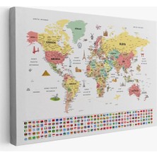 Türkçe Dünya Haritası Ayrıntılı Eğitici  Sembollü Bayraklı Dekoratif Kanvas Tablo 2864
