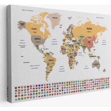 Türkçe Dünya Haritası Kanvas Tablo Ülke Bayraklı ve Dekoratif 2380