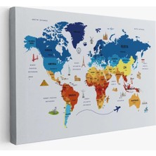 Türkçe Dünya Haritası Kanvas Tablo  Ülke Başkentli ve Ünlü Yerler Sembollü 2640
