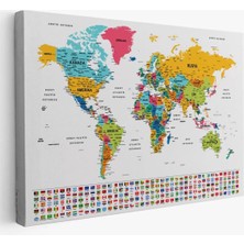 Türkçe Dünya Haritası Son Derece Ayrıntılı Eğitici  ve Bayraklı Kanvas Tablo 2797