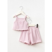 Kız Çocuk Pamuklu Pembe Deniz Yıldızı Nakışlı Crop Şort Takım - Ribana Kumaş