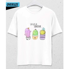 Hena Cactus Mood Beyaz Oversize Baskılı Pamuklu Tişört - Trip Yok, Kaktüs Mod On!
