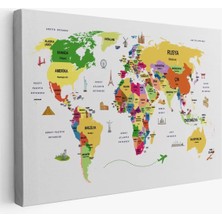 Türkçe Dünya Haritası Kanvas Tablo Ülke-Başkentli Öğretici ve Sembollü 2286