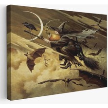 Süpürge Ile Uçan Cadı ve Kedisi Cadılar Bayramı Helloven Duvar Tablosu -6559