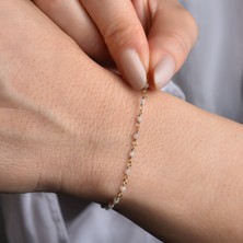 14 Ayar Altın Kaplama  Pembe Kuvars Doğal Taşlı  El Yapımı Gümüş Bileklik - CBS00130