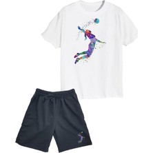 2'li Set Baskılı Kız Çocuk Pamuk Şort Tshirt Takım Voleybol 5 6 7 8 9 10 11 12 13 14 Yaş Tişört