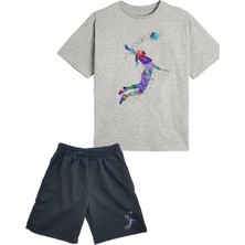 2'li Set Baskılı Kız Çocuk Pamuk Şort Tshirt Takım Voleybol 5 6 7 8 9 10 11 12 13 14 Yaş Tişört