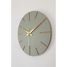 El Yapımı Ahşap Minimalist Duvar Saati 34X34 Cm, Ihlamur Yeşili ve Altın Detay