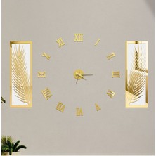 Wooden Factory 3 Parçalı Duvar Saati Seti, Akrilik Pleksi Aynalı Palmiye Yapraklar Ve Roma R. Saat