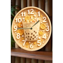 Ahşap Yuvarlak Duvar Saati, Sessiz Kuvars Tasarım, Bubble Tea Temalı, Dekorasyon