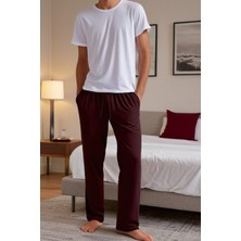 Elemge %100 Pamuk 2'li Premium Kumaş Pijama Altı Beli Regular Fit Lastikli Ipli Cepli Terletmez Esnek Bordo-Haki Erkek Rahat Kesim Eşofman Paket