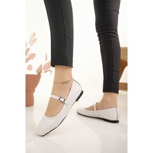 Kadın Babet Beyaz Bantlı Kemerli Hafif Rahat Şık Iş Ofis Günlük Ayakkabı