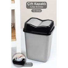 Çift Kapaklı Plastik Çöp Kovası - Ev Ofis Banyo Mutfak Çöp Kovası Gri 10 Litre