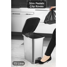 Pedallı Gri Banyo Mutfak Çöp Kovası Siyah Kapaklı Slim Pedallı Çöp Kovası 15 Litre