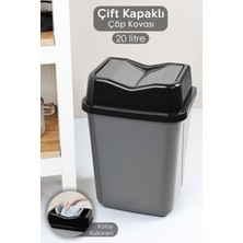 Çift Kapaklı Plastik Çöp Kovası - Ev Ofis Banyo Mutfak Çöp Kovası Gri 20 Litre