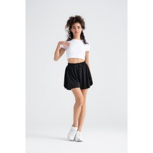 Kadın Mini Şort Etek Iç Şortlu, Siyah Extra Yumuşak Beli Lastikli Spor Skort