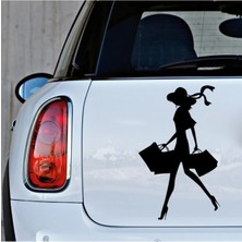 Alışveriş Yapan Kadın Sticker Oto Araba Etiket Siyah Renk 18CM