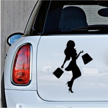Elinde Çantası Bulunan Alışveriş Yapan Mutlu Kadın Araba Sticker 20CM Siyah