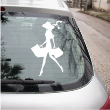 Alışveriş Yapan Kadın Sticker Oto Araba Etiket Beyaz Renk 18CM