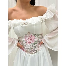 Alessia Ayakkabı Çiçek Desenli Arkada Bağlamalı Balenli Bel Korse Kemeri