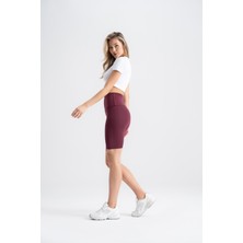 Kadın Kısa Spor Tayt Bordo Yüksek Bel Toparlayıcı Iç Göstermeyen Slim Fit