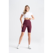 Kadın Kısa Spor Tayt Bordo Yüksek Bel Toparlayıcı Iç Göstermeyen Slim Fit