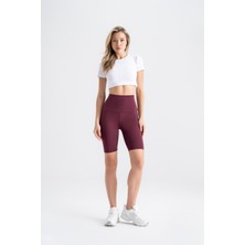 Kadın Kısa Spor Tayt Bordo Yüksek Bel Toparlayıcı Iç Göstermeyen Slim Fit