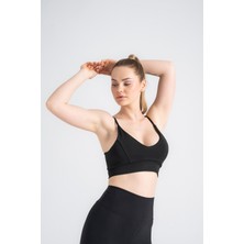 Kadın Spor Büstiyer Destekli, Kaplı Esnek Slim Fit Siyah Üst Terletmeyen
