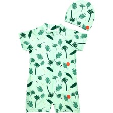 Lolli Boom Kids Yeni Sezon Unisex Çocuk Yeşil Renk Yaprak Desen Kısa Kollu Fermuar Kapamalı Mayo