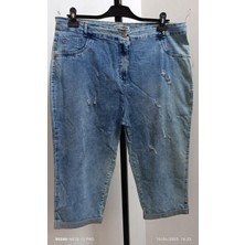 Büyük Beden Full Likralı Yüksek Belli Kar Yıkama Taşlanmış Yazlık Denim Kumaş Kapri