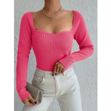 Kadın Pembe Dekolteli Kare Yaka Triko Bluz 2042