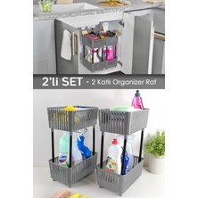 Iki Adet 2 Katlı Mutfak ve Banyo Düzenleyici Gri Raf Seti