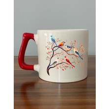 Kuş Görselli Kırmızı Kulplu Kupa Bardak - Seramik Çay, Kahve Hediyelik Bardağı