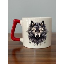 Siyah Kurt Görselli Kırmızı Kulplu Kupa Bardak - Seramik Çay, Kahve Hediyelik Bardağı