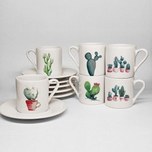Kaktüs Temalı Baskılı Porselen 6lı Türk Kahvesi Fincan Takımı