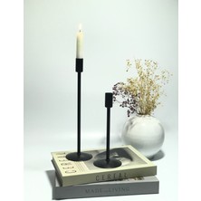 Şık 2'li Siyah Metal Çubuk Şamdan ve Mumluk Takımı