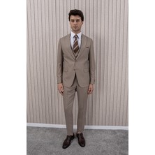 Erkek Likralı Slim Fit Sivri Yaka Yelekli Takım Elbise