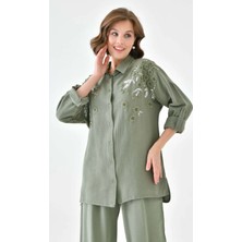 Kadın Nakış Işlemeli Keten Oversize Düğmeli Gömlek