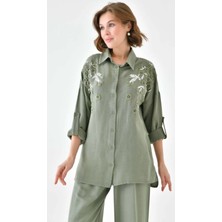 Kadın Nakış Işlemeli Keten Oversize Düğmeli Gömlek