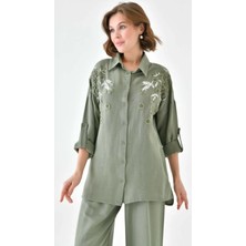 Kadın Nakış Işlemeli Keten Oversize Düğmeli Gömlek