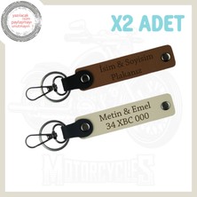 Açık Kahve - Sütlü Kahve, Özel Tasarım Isim ve Plaka Yazılı Motorcu 2'li Anahtarlık Deri, Hediyelik