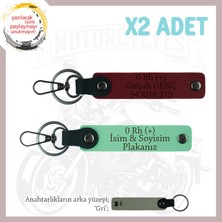 Motorcu Dostlara Özel, Isim Plaka ve 0 Rh (+) Kan Grubu Yazılı X2 Anahtarlık Set, Yeşil-Bordo-Gr