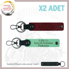 Motorcu Dostlara Özel, Isim Plaka ve 0 Rh (+) Kan Grubu Yazılı X2 Anahtarlık Set, Yeşil-Bordo-Syh