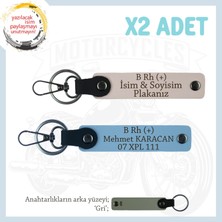 Motorcu Tarzına Özel, Isim Plaka ve B Rh (+) Kan Grubu Yazılı Hediyelik X2 Anahtarlık, Pudra-Mavi-Gr